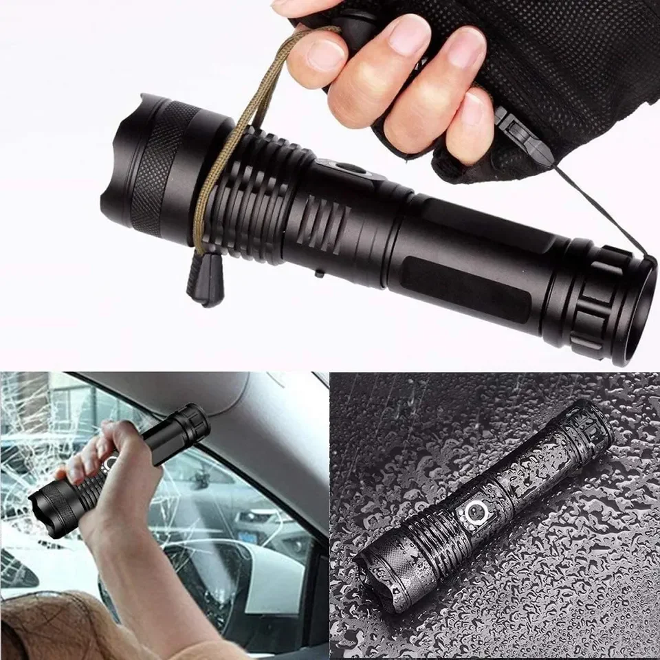 Defense Flashlight collage showing the wrist strap, vehicle glass demonstration, and flashlight covered in water droplets